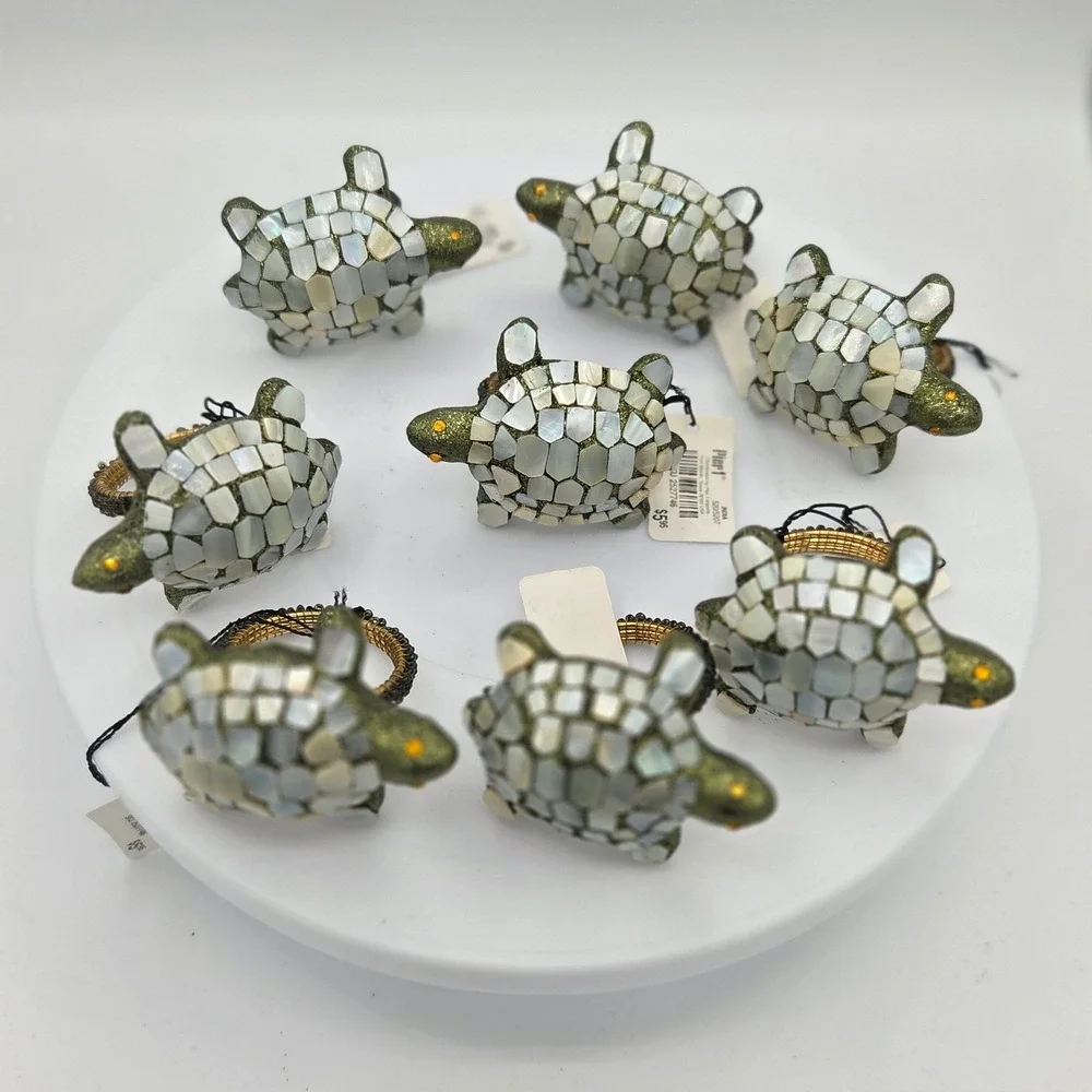 Pier 1 Retired Turtle Napkin Rings Set of 8 Mother of Pearl Mosaic Green Glitter